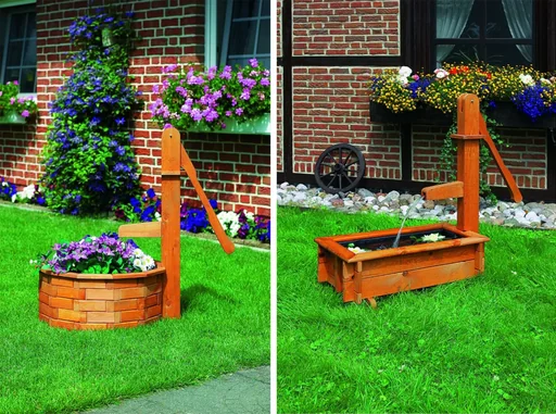"Round wooden trough with wooden handle pump image"