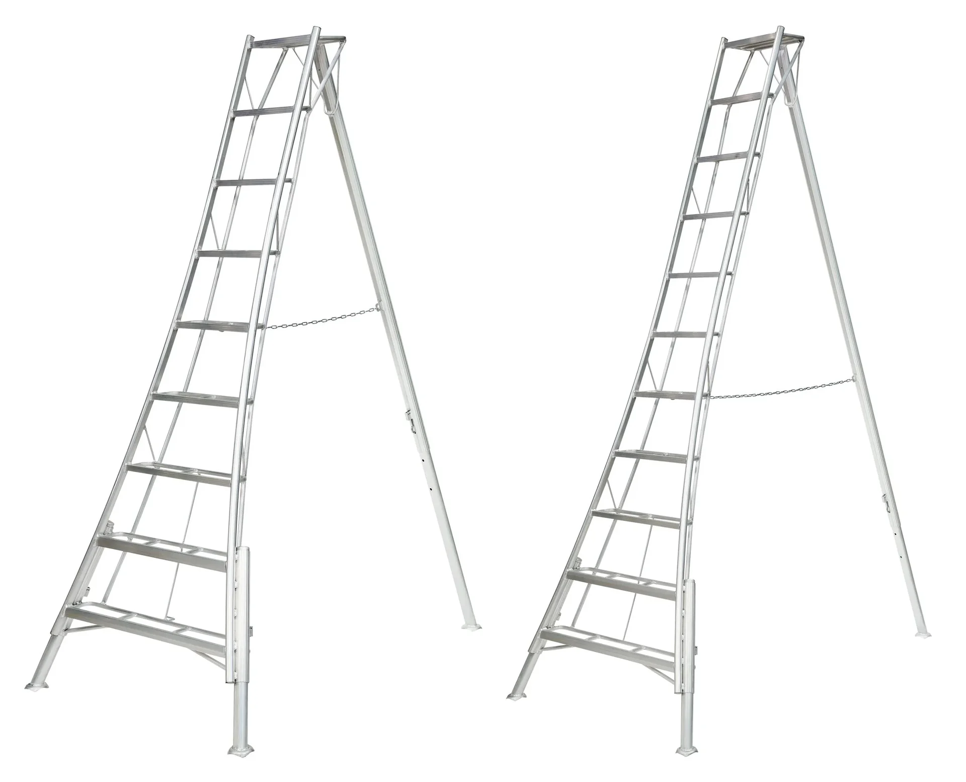 "Driepoot tuinladder 3-potig 140×267,5×361 cm Aluminium Zilver – in hoogte verstelbare steunpoot image"