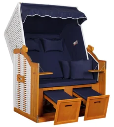 Strandkorf 'Oostzee' Uni-Blauw massief houten frame / weerbestendig kunstrotan (wit)