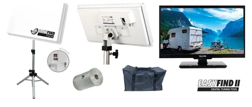 "TV Camping Traveller Kit II, including tripod and 22-inch LED TV image"