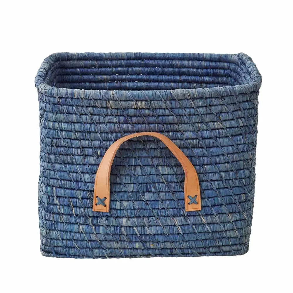 Rijst raffia mand leren hengsels blauw 30 x 30