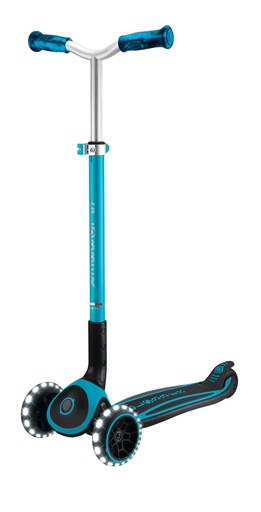 "GLOBBER ACE LIGHTS – Tretroller Kinder Teenager, 125/80 mm, ABEC 9, 3-rädrig, höhenverstellbar, LED-Leuchtrollen, blau image"