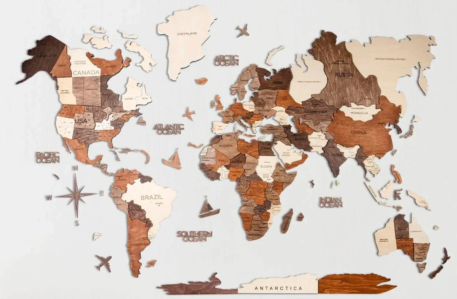 "Wereldkaart hout, wereldkaart, wereldkaart wanddecoratie 3D - Enjoy The Wood, Multicolor Prime, Wereldkaartmaat: L image"