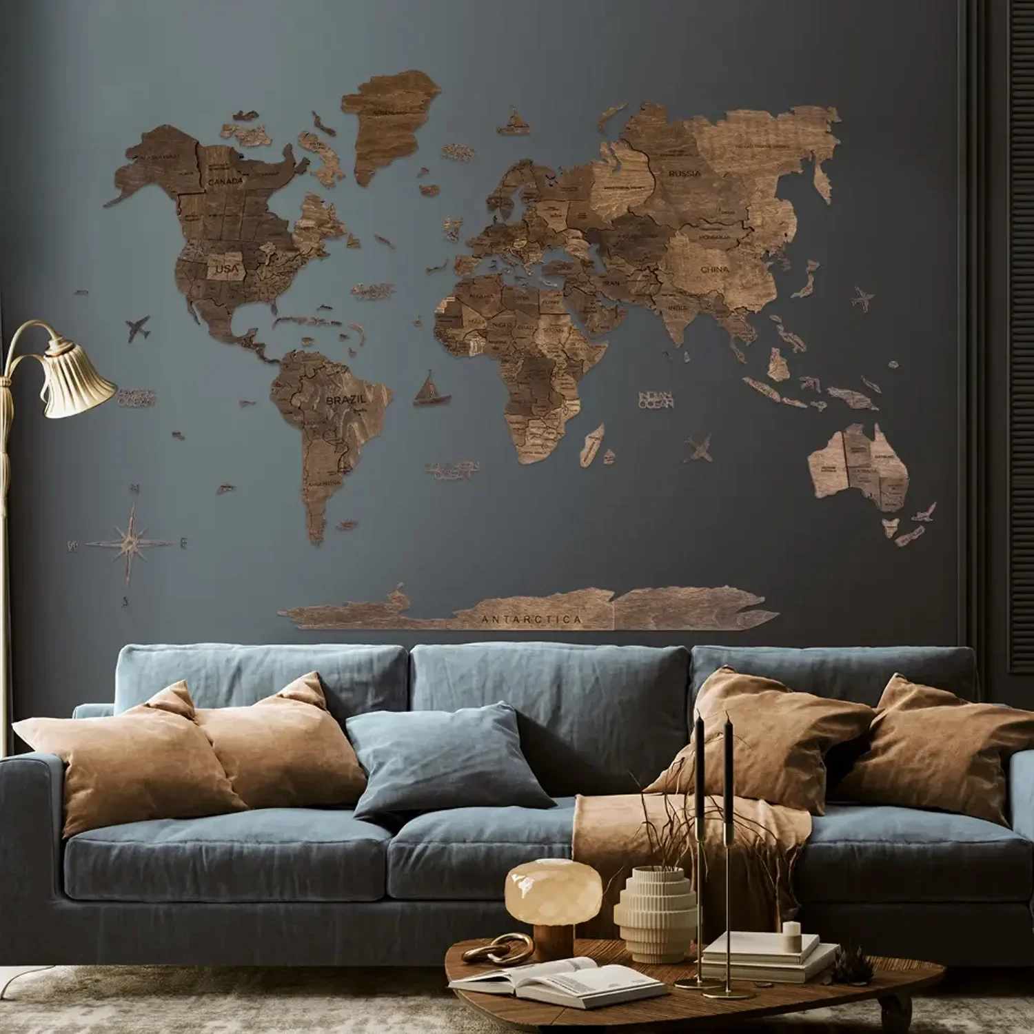 "Wereldkaart hout, kaart wereld, wereldkaart walldeco 3D - Enjoy The Wood, Walnut dark Prime, Wereldkaartmaat: XL image"