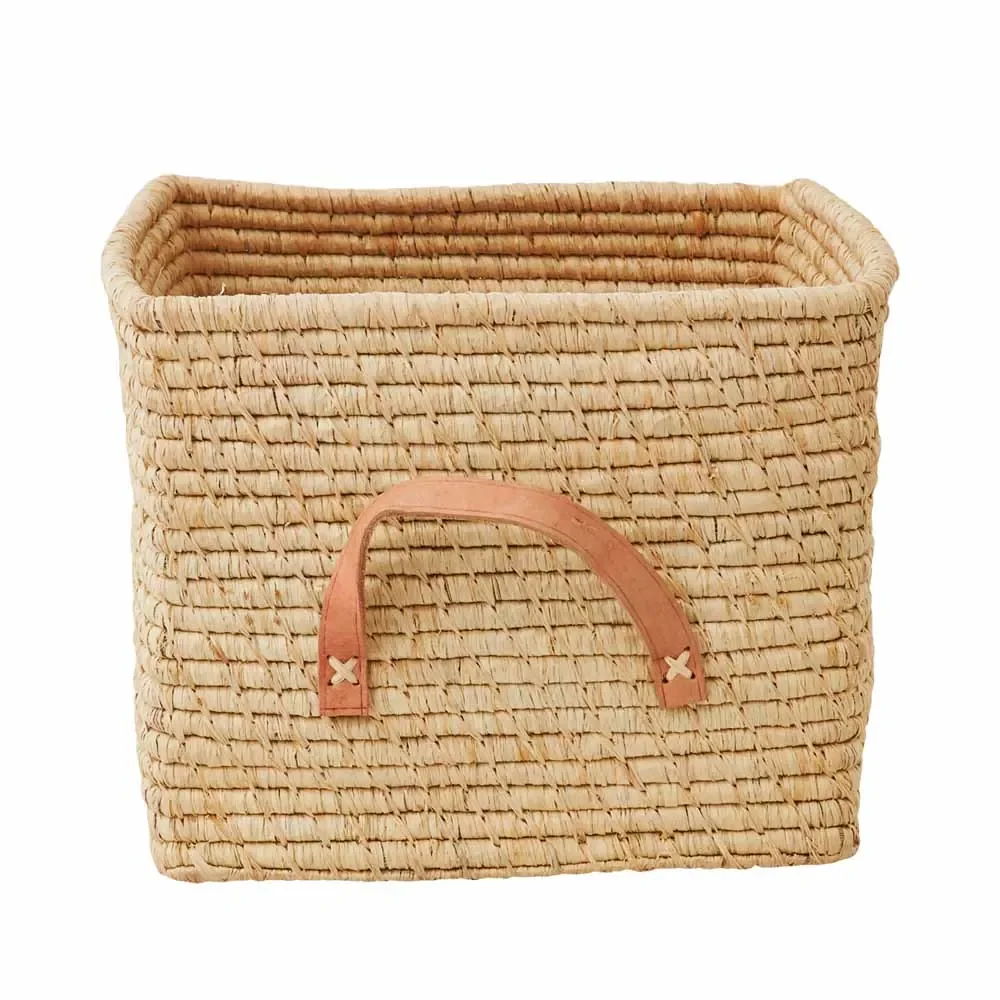 "Rijst raffia mand leren hengsels naturel 30 x 30 image"