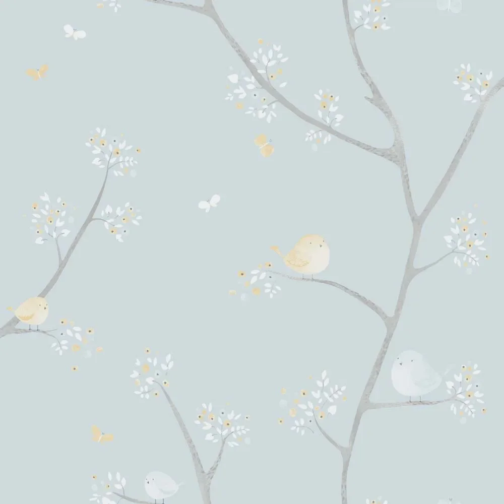 "Casadeco My Little World behang vogels blauw bruin grijs image"