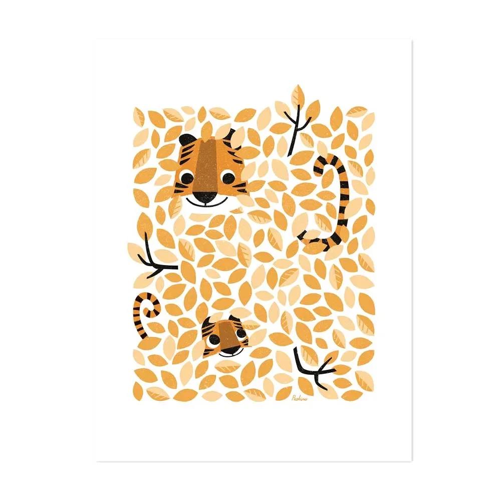 Lilipinso poster verstoppertje tijger in het blad onrustig oranje