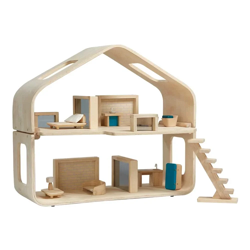 Plan Toys Modern poppenhuis gemeubileerd hout naturel