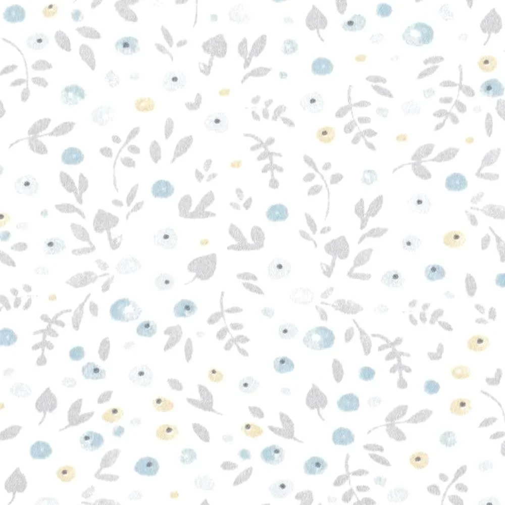 "Casadeco My Little World stof strooibloemen lichtbruin grijs blauw image"