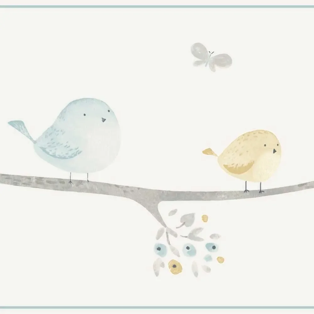 "Casadeco My Little World rand vogels blauw grijs oker image"