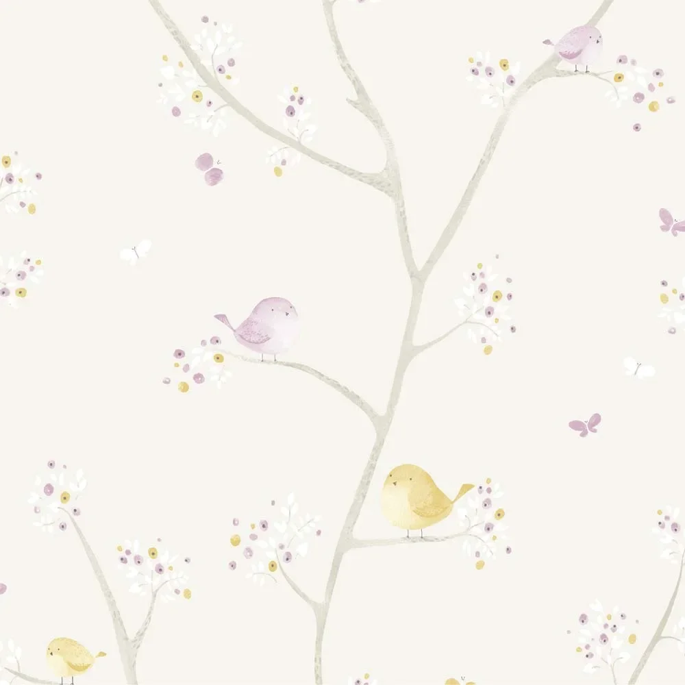 "Casadeco My Little World stof birdie paars grijs lime image"