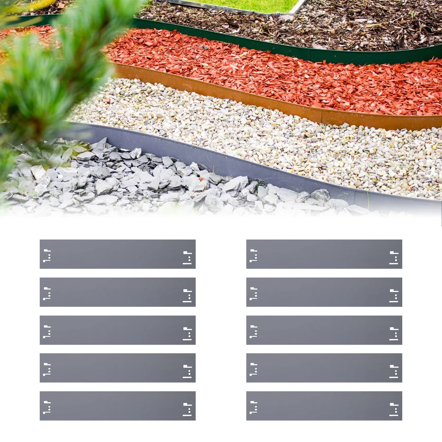 "Set van 10 Borderrand metaal 13,5 cm x 120 cm | Gazonrand | Kantopsluiting, kleur: grijs image"