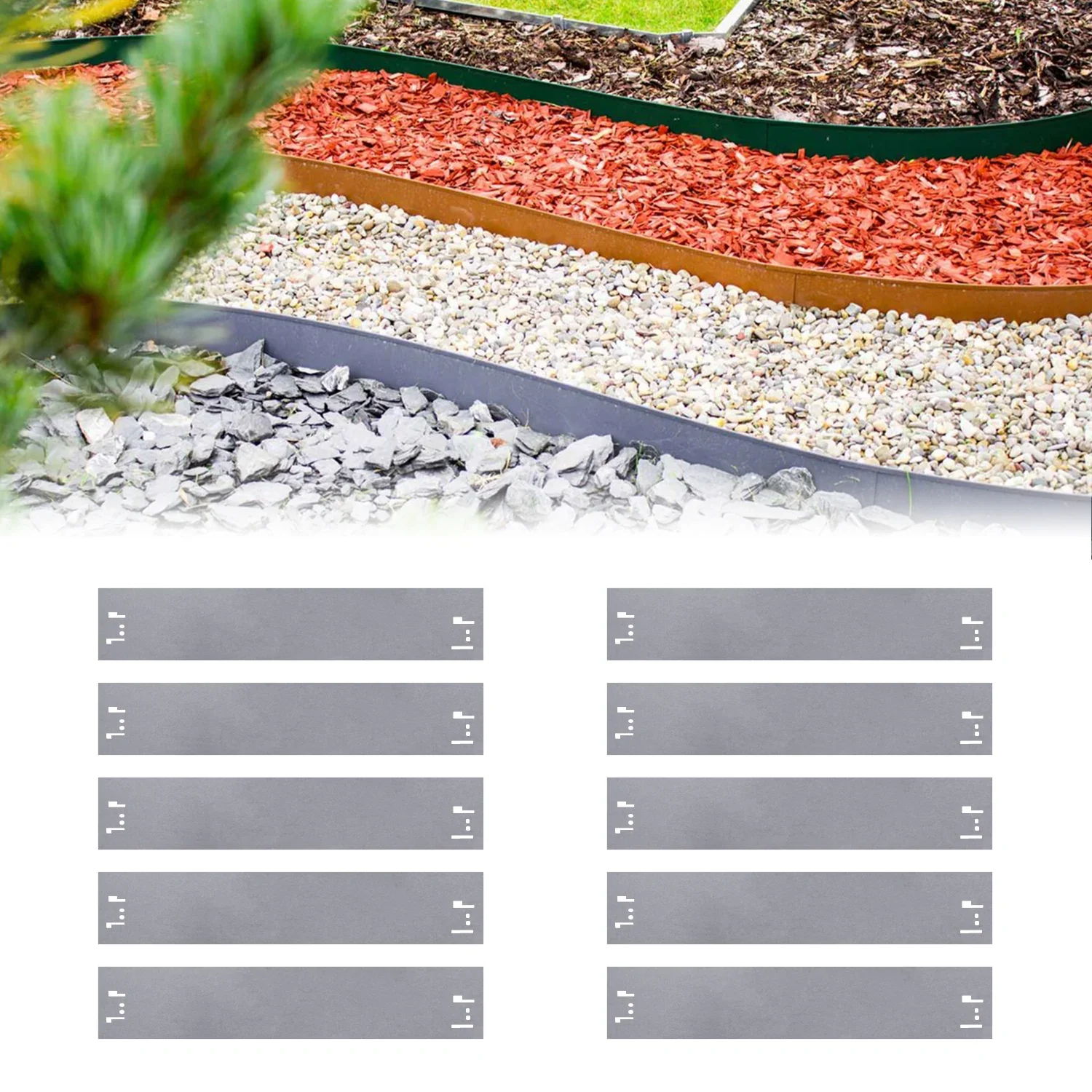 "Set van 10 Borderranden metaal 18,5 cm hoog, 12 m lang | Gazonrand | Kantopsluiting, kleur: zonder kleur image"