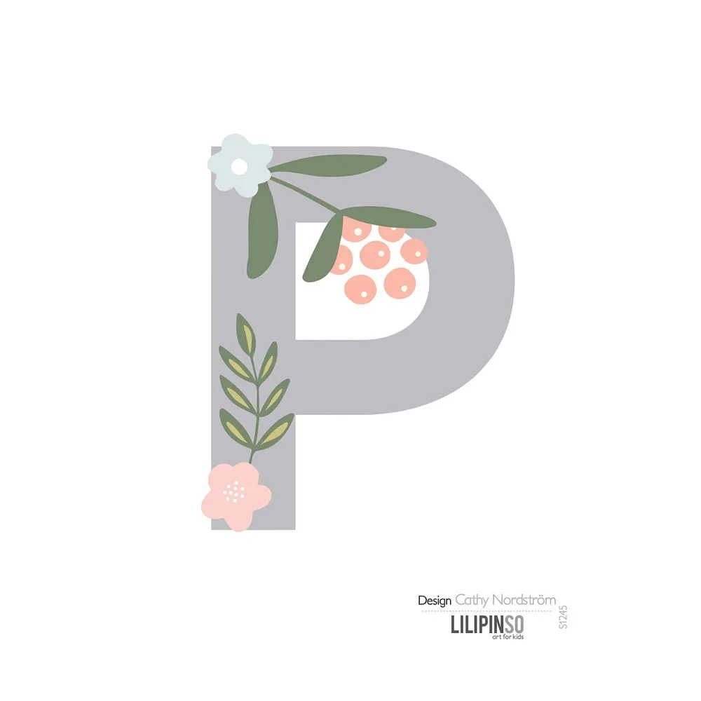 "Lilipinso Sticker letter met bloemen grijs roze pastel P image"