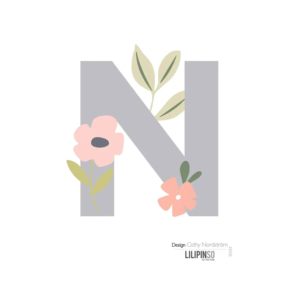 Lilipinso Sticker Buchstabe mit Blüten grau rosa pastell N