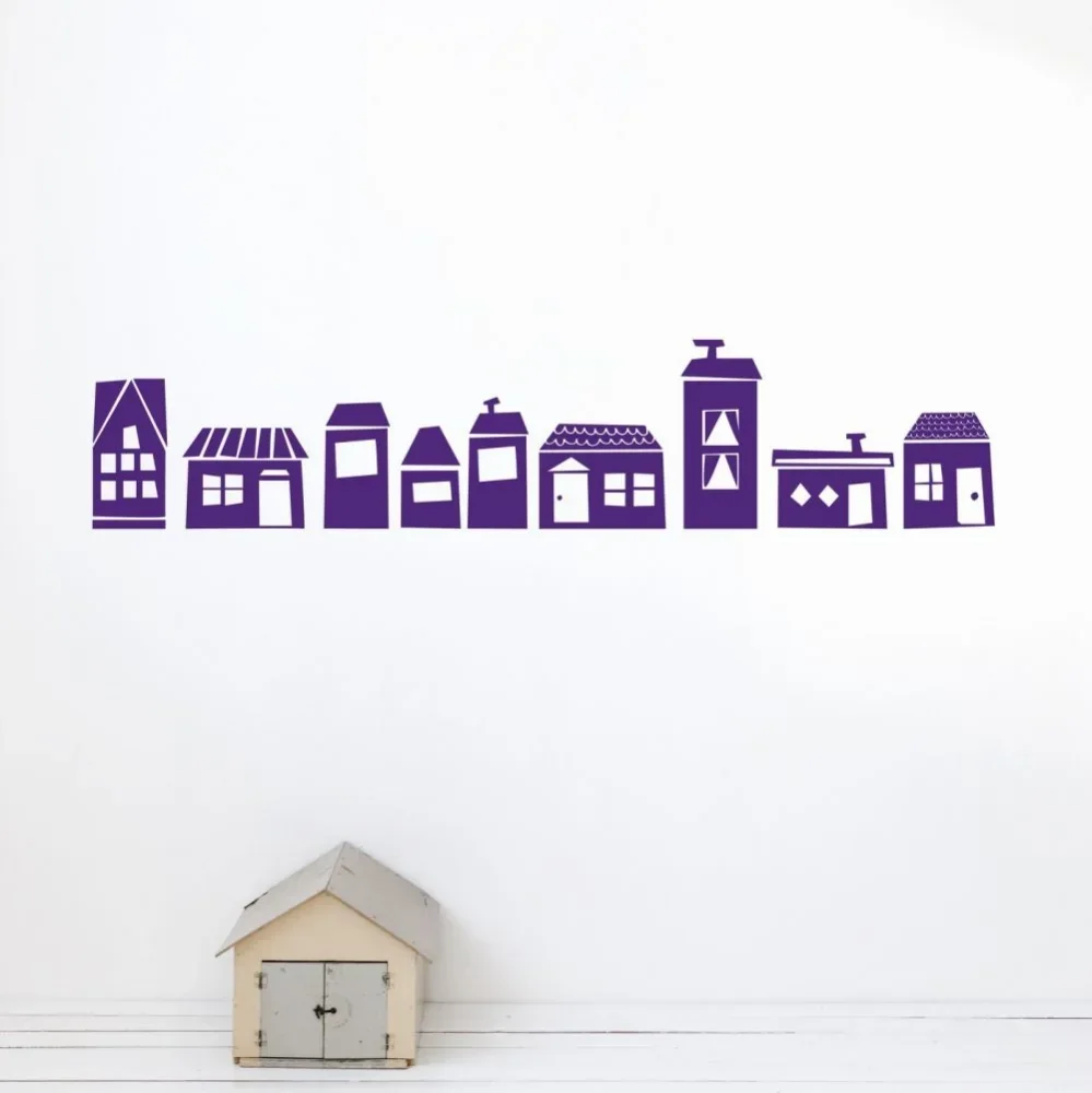 "Ferm Living muursticker huisjes paars image"