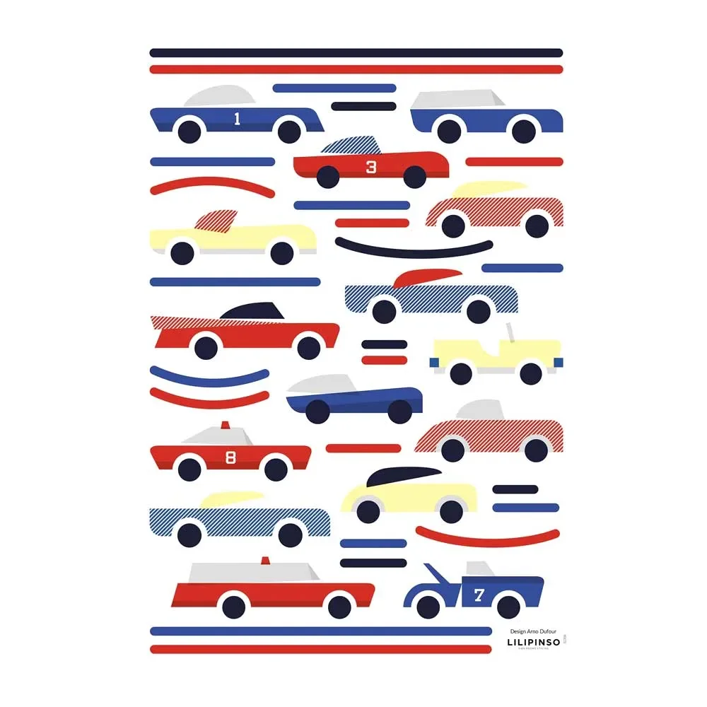 "Lilipinso muursticker A3 auto's blauw rood geel image"