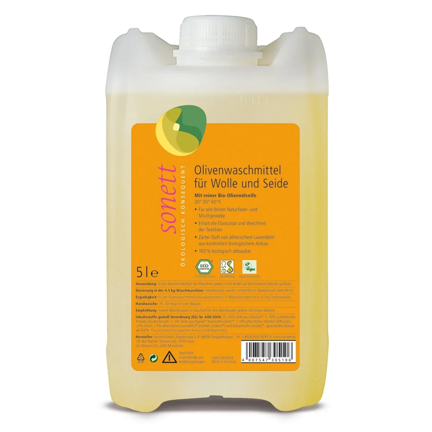 "Wasmiddel wol en zijde, Vloeibaar wasmiddel wol, Wasmiddel olijf, SONETT 5 liter, Wasmiddel voor wol en zijde image"