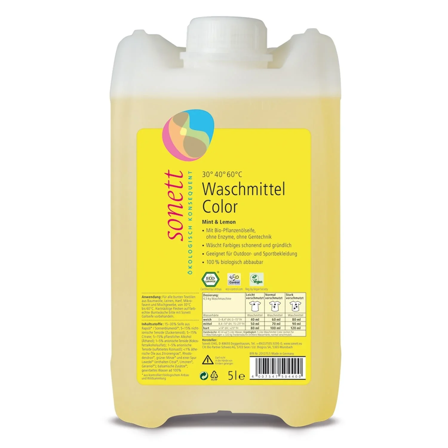 "Wasmiddel kleur 5 liter, vloeibaar, mint & lemon geur, voor gekleurde was, ecologisch image"