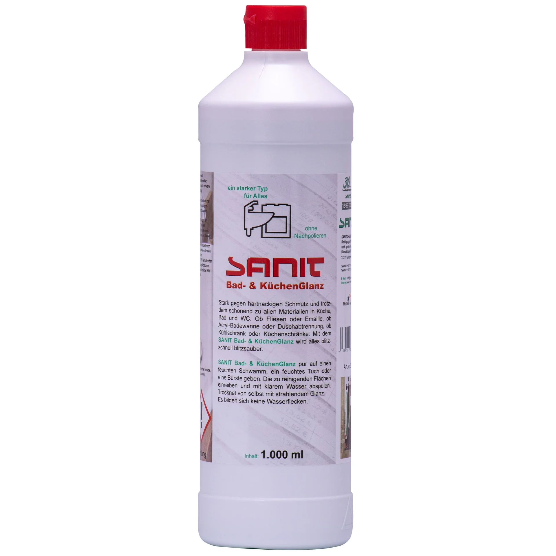 "Badkamer schoonmaak, keuken schoonmaak, badkamer reiniger, SANIT Bad- & Küchenglanz 1 Liter, keuken reiniger image"