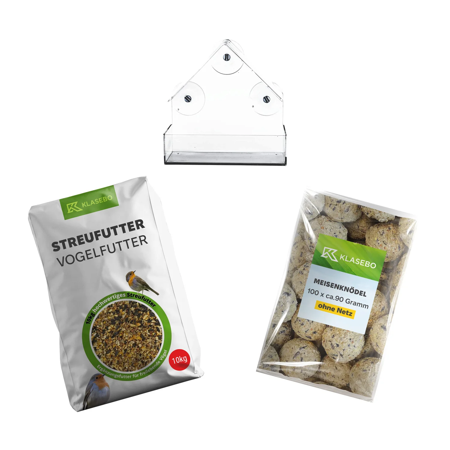 "Set Vogelsvoer Venster 10kg – Premium Strooivoer 10 kg, Voederhuis voor Vensterruit 1 Stk, Mezenbollen zonder Net 100 Stk image"