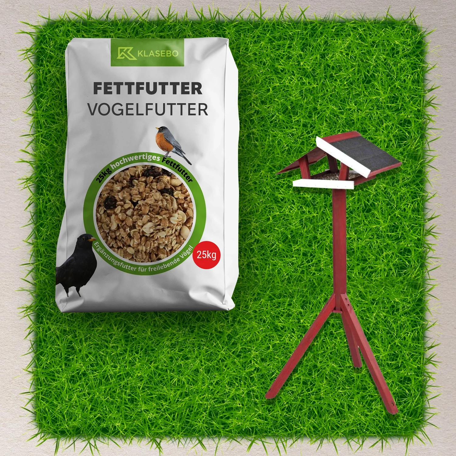 "Set Vogelvoer Compleet 25kg – Premium Wildvogelvoer 25kg, Staand Vogelvoederhuis met Standaard van Hout rood/wit 1 Stk. image"