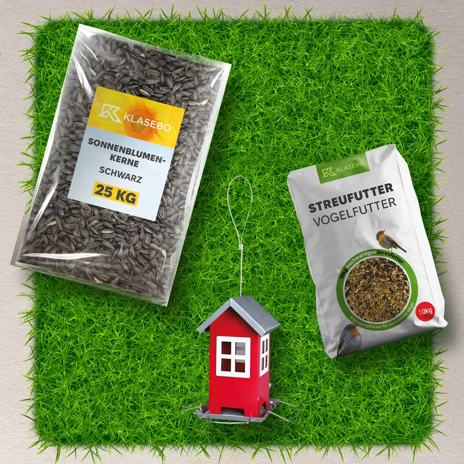 "Set Vogelvoer-Station - Strooivoer Wilde Vogels 10 kg, hangend Voederhuis rood 1 Stk., Zonnebloempitten zwart-olie 25 kg image"