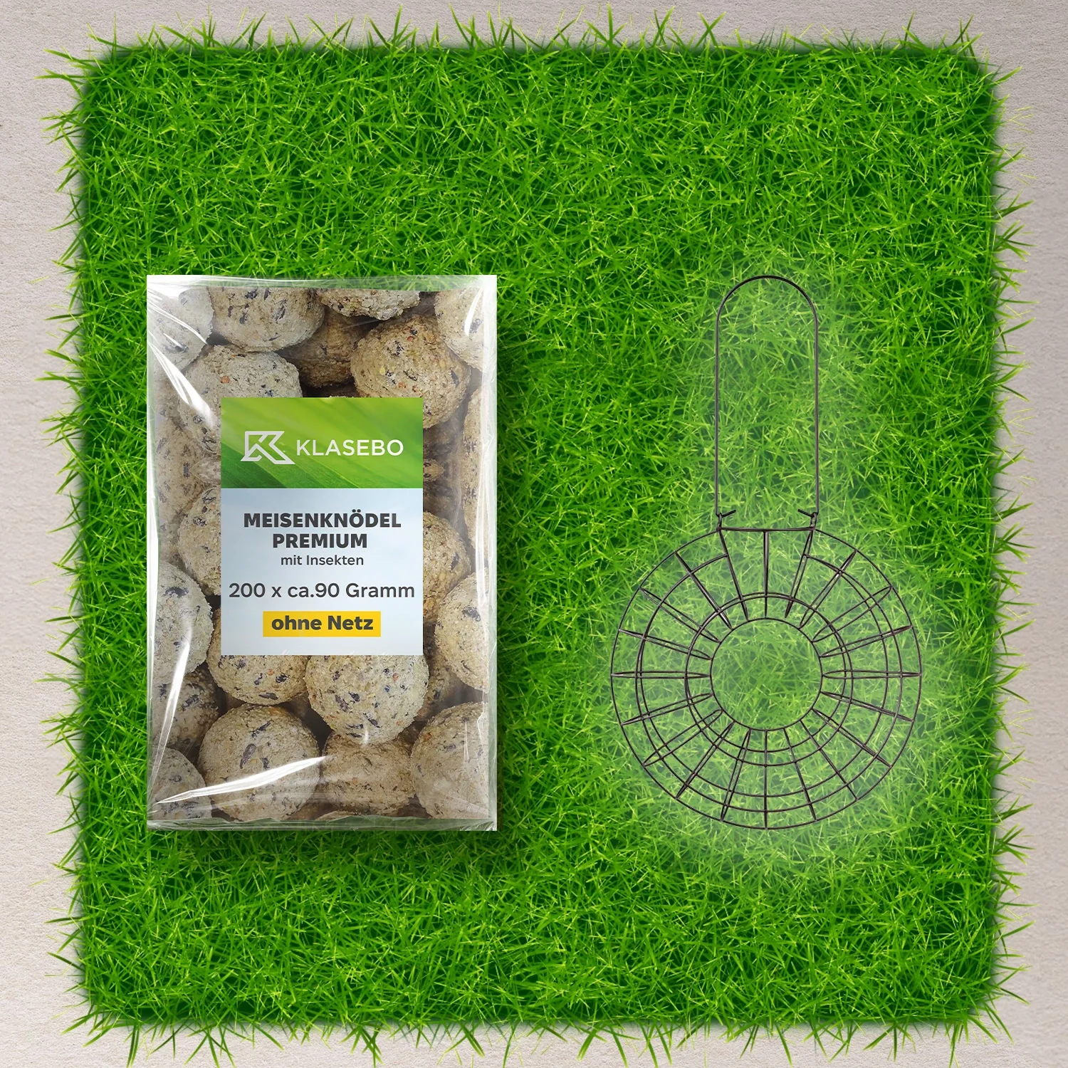 "Set Vogelvoer Mezenbollen - Hangende Metalen Vogelvoerspender Ø 24 x 8 cm voor 8 Bollen, Insecten-Meelwormbollen 200 Stk à 90 g image"