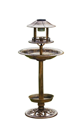 "Solar bird bath with planter, bronze image"