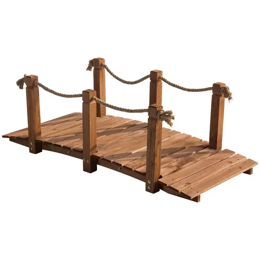 "Garden bridge 1.5 m wooden bridge walkable wooden footbridge pond bridge decorative bridge with railing rope up to 200 kg solid wood natural image"