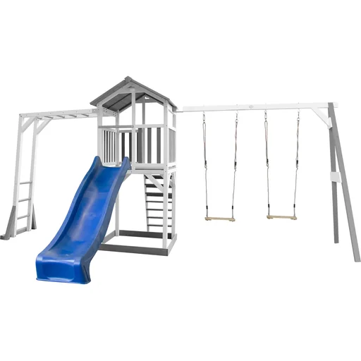 "Beach Tower play tower with climbing frame and double swing - blue slide image"