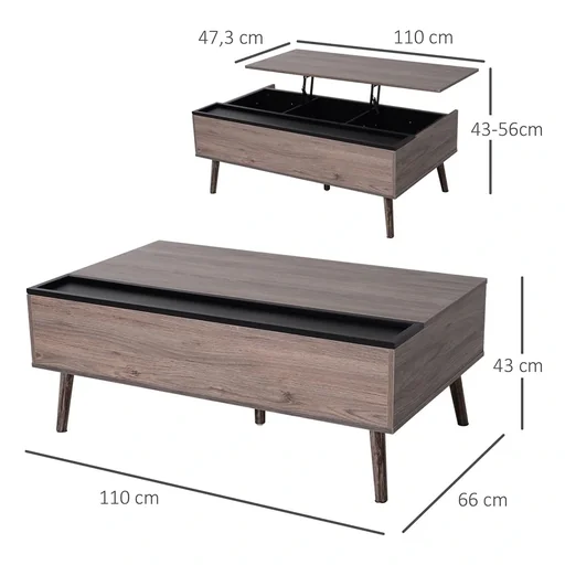 "Coffee table living room table coffee table with height-adjustable top sofa table chipboard grey 110 x 66 x 43-56 cm image"