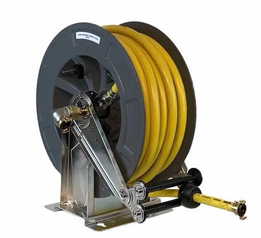 "Hose reel stainless steel/ABS plastic housing OSK 610 with 15 m, 1" PVC fabric hose, max. 9 bar/50°C image"