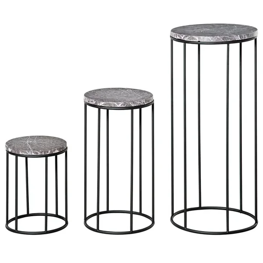 "Flower stand set of 3 made of metal in marble look. Stackable plant stool for flower pot. Black + gray. image"