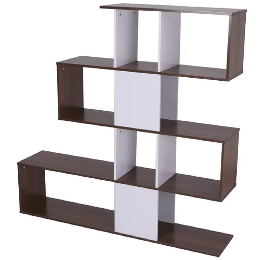 "Bookshelf wooden wall shelf room divider S-shape 4 compartments white+brown image"