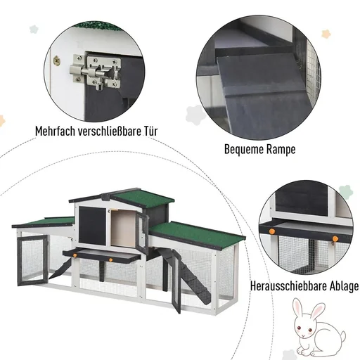 "Rabbit hutch, double-story rabbit hutch, rabbit cage with asphalt roof and outdoor enclosure, solid wood, dark gray+white, image"