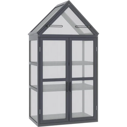 "Greenhouse with 3 levels, solid wood, polycarbonate casing, grey, 70.5 x 42 x 132 cm image"