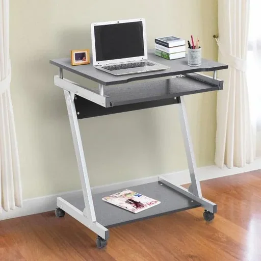 "Desk computer desk office table rollable with keyboard drawer chipboard, steel black image"