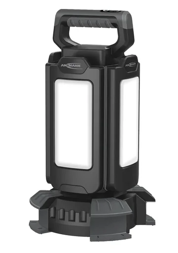 "LED work light with tripod, 3 brightness levels, selectable color temperature image"