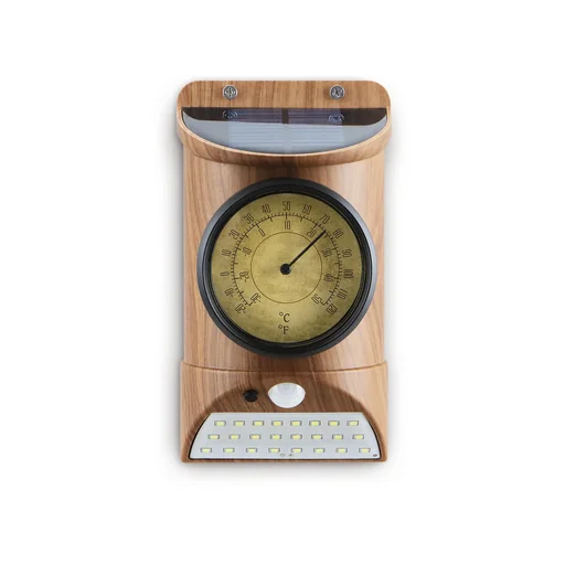"Solar light with thermometer and motion detector in wood look image"