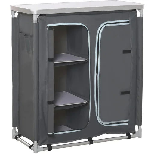 "2-in-1 camping table with worktop and compartments, grey image"