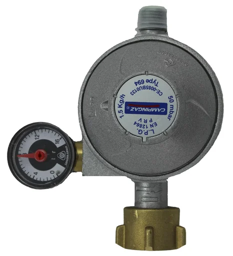 "Universal safety regulator 50 mbar, for butane/propane, 1/4'' left-hand thread, flow rate 1.5 kg/h, with pressure gauge image"