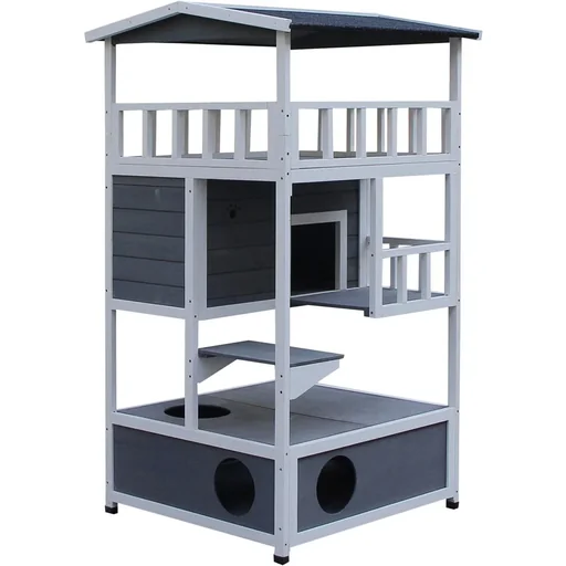 "Cat house 4 floors with toilet-balcony-asphalt roof made of wood, grey image"