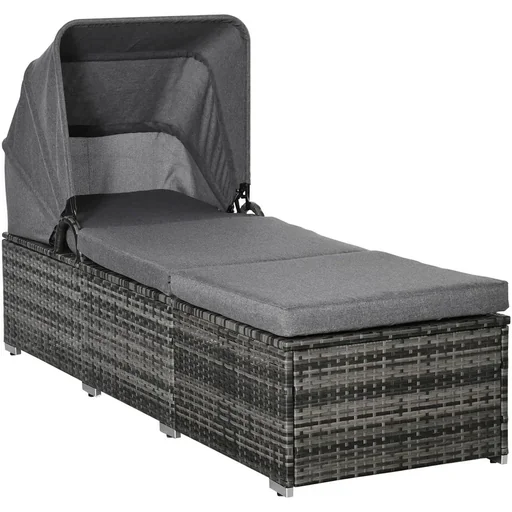 "Sun lounger made of polyrattan with sunroof, adjustable garden lounger, rattan lounger, garden furniture, lounger with cushion, grey 195 x 65 image"
