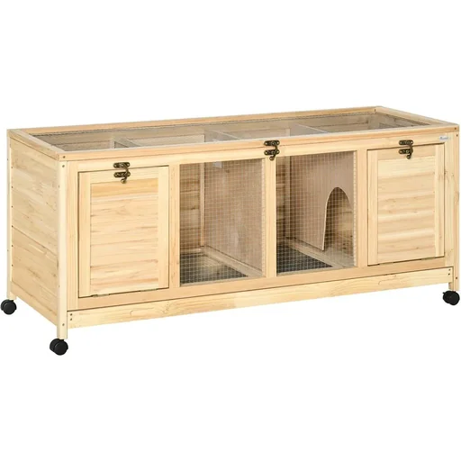 "Rabbit hutch including partition wall 4 wheels spruce wood metal natural image"