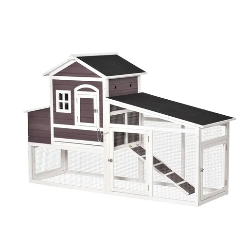 "Chicken coop with run, nesting box, chicken house, poultry house with perch, solid wood, dark red, 200 x 73.5 x 130 cm image"