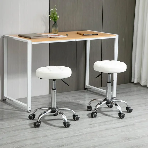 "Set of 2 rolling stools, swivel stools with wheels, work stools, height adjustable, rotating salon stools, salon chairs, artificial leather, white image"