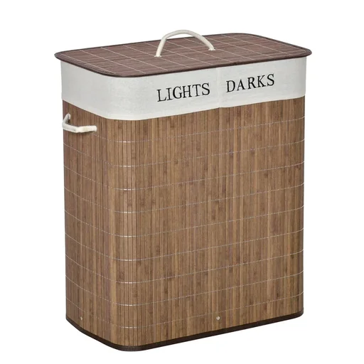 "100L laundry basket laundry box laundry collector with 3 handles removable bamboo polyester cotton metal brown+white 52 x 32 x 63 image"