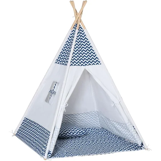 "Tipi tent for children - incl. floor mat and pillow - blue/white - 120 x 120 x 155 cm image"