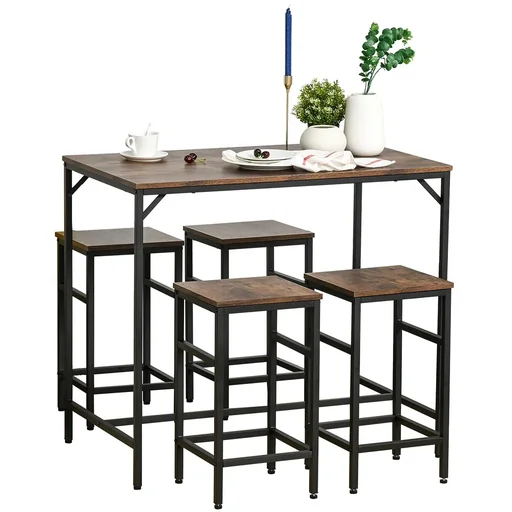 "Bar table set high table with 4 bar stools 5-piece table set kitchen counter chipboard steel rustic brown+black 100 x image"